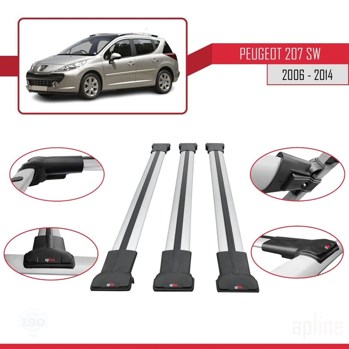 Compatible with Peugeot 207 SW 2006-2014 FLY Model Car Roof Rack Cross Bar Grey Aluminium 3 Bars