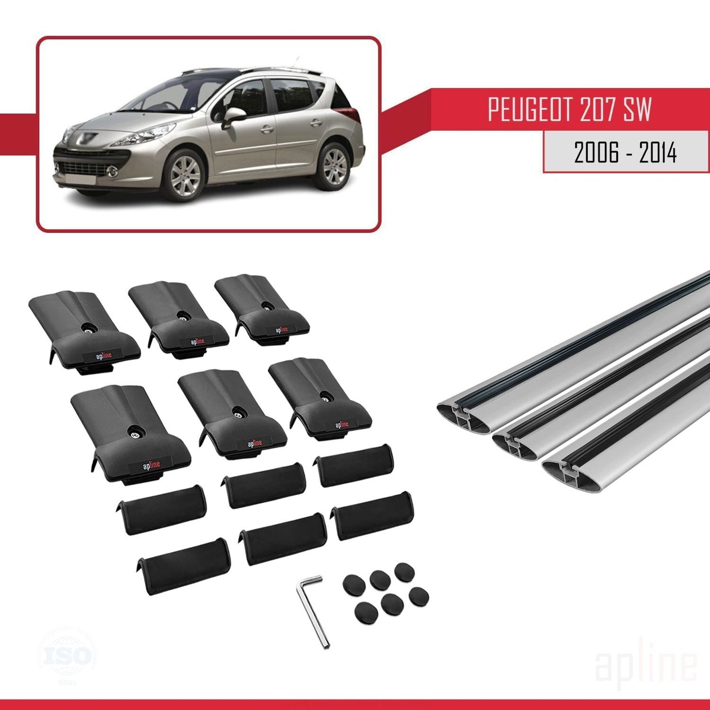Compatible with Peugeot 207 SW 2006-2014 FLY Model Car Roof Rack Cross Bar Grey Aluminium 3 Bars