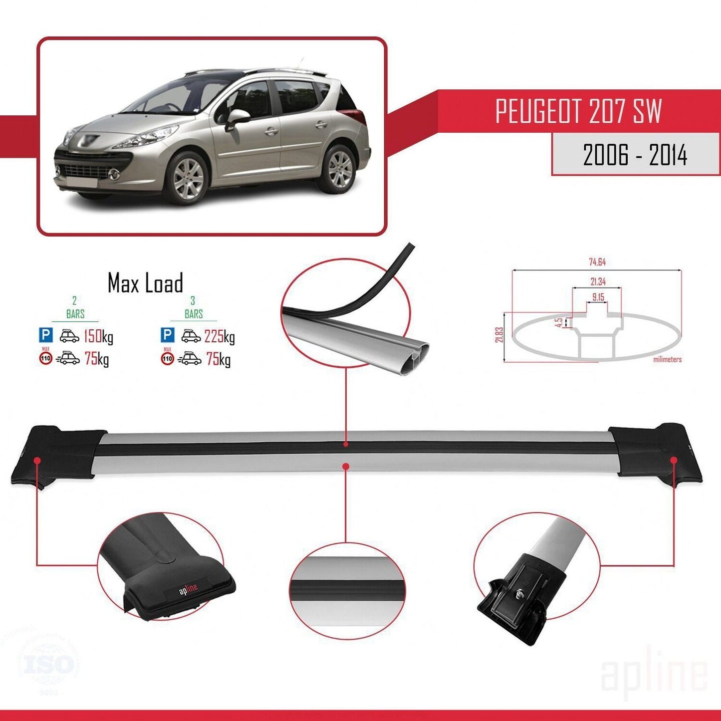 Compatible with Peugeot 207 SW 2006-2014 FLY Model Car Roof Rack Cross Bar Grey Aluminium 2 Bars