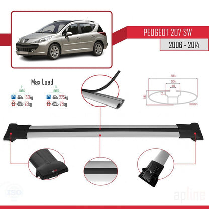 Compatible with Peugeot 207 SW 2006-2014 FLY Model Car Roof Rack Cross Bar Grey Aluminium 2 Bars