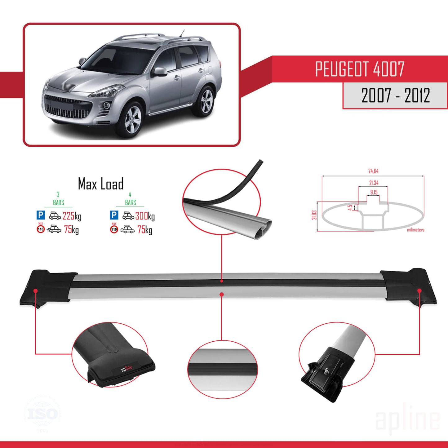 Compatible with Peugeot 4007 2007-2012 FLY Model Car Roof Rack Cross Bar Grey Aluminium 3 Bars