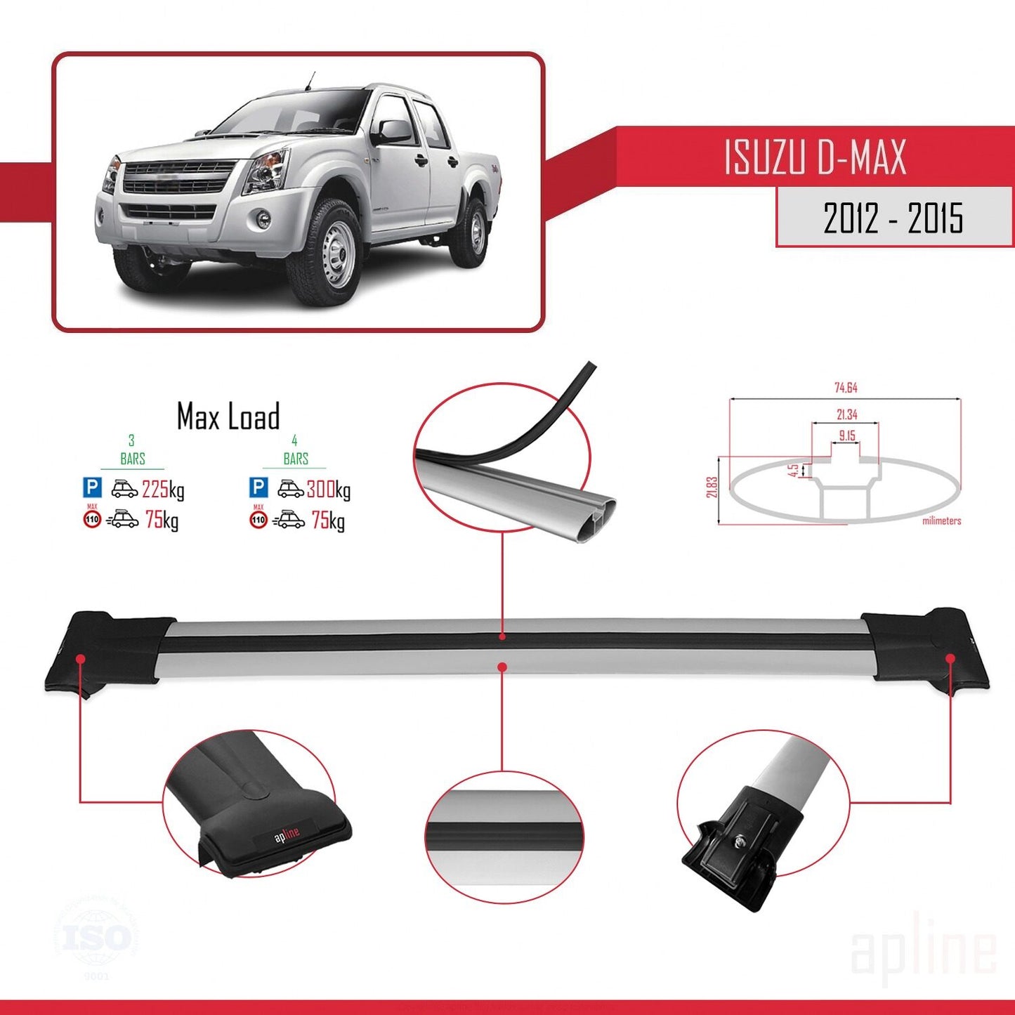 Compatible with Isuzu D-Max 2 (RT50) Pre-Facelift 2012-2015 FLY Model Car Roof Rack Cross Bar Grey Aluminium 3 Bars