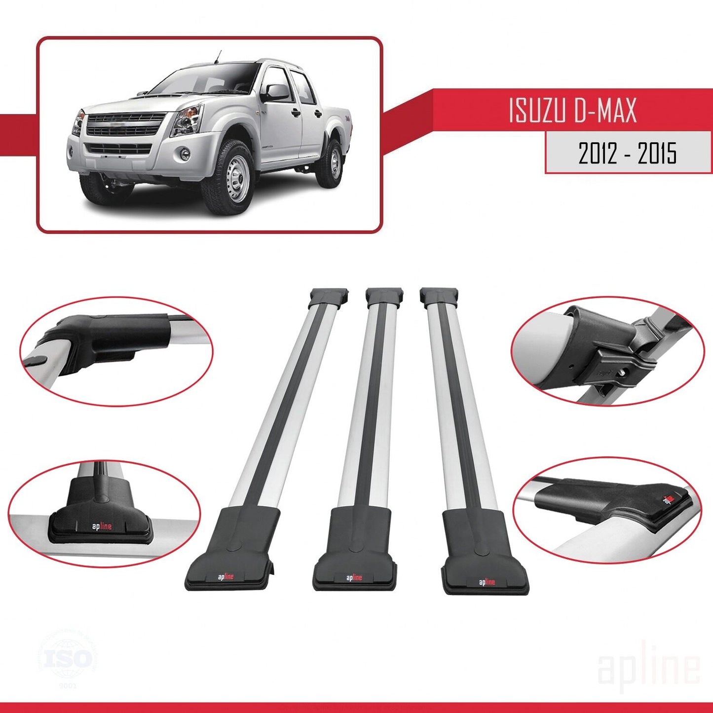 Compatible with Isuzu D-Max 2 (RT50) Pre-Facelift 2012-2015 FLY Model Car Roof Rack Cross Bar Grey Aluminium 3 Bars