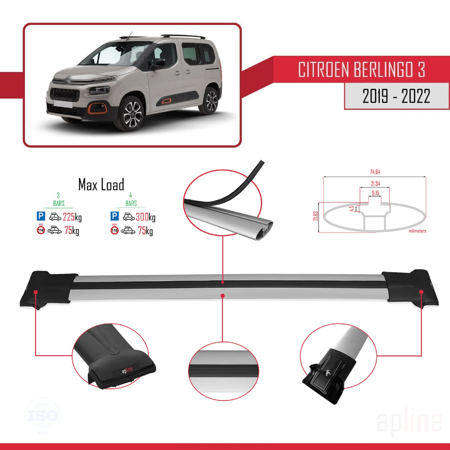 Compatible with Citroen Berlingo 3 (K9) 2019-2022 FLY Model Car Roof Rack Cross Bar Grey Aluminium 3 Bars