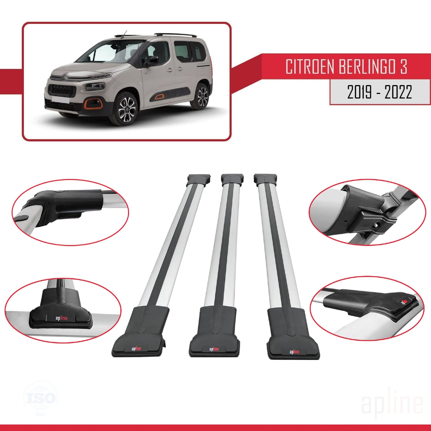 Compatible with Citroen Berlingo 3 (K9) 2019-2022 FLY Model Car Roof Rack Cross Bar Grey Aluminium 3 Bars