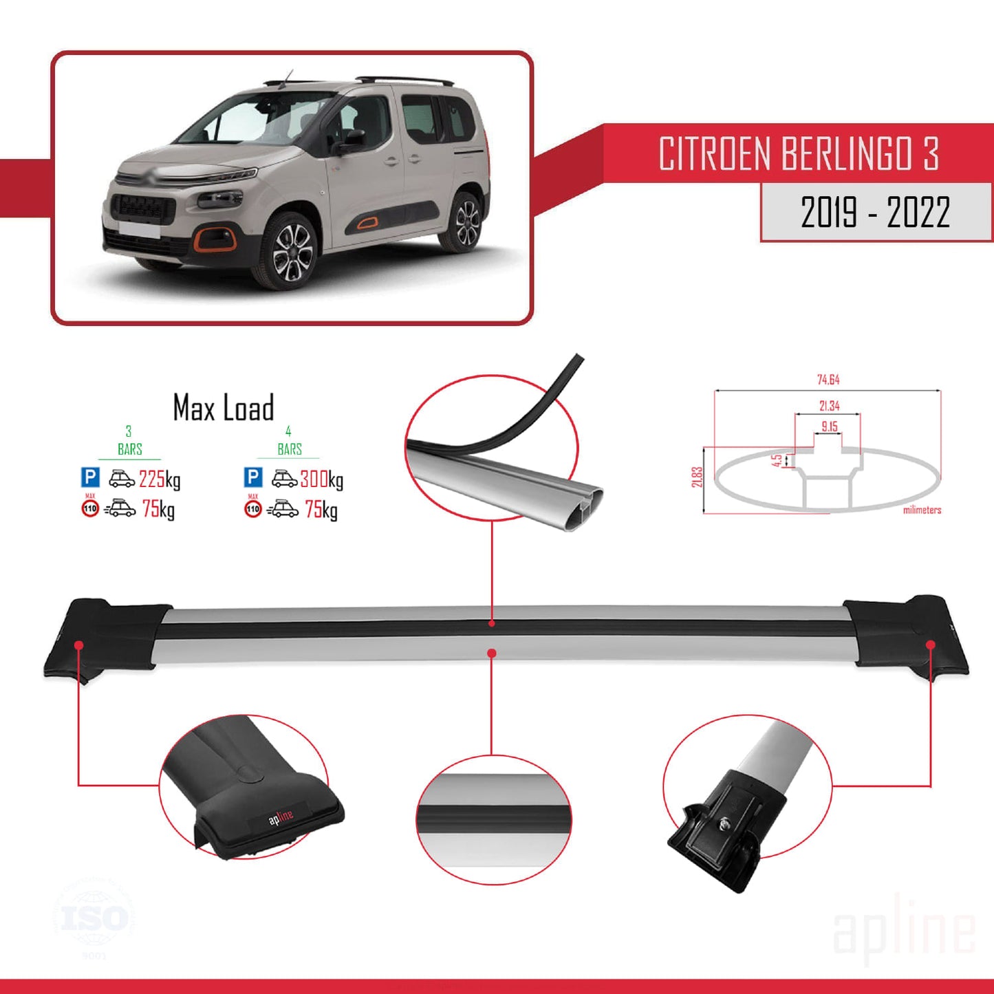 Compatible with Citroen Berlingo 3 (K9) 2019-2022 FLY Model Car Roof Rack Cross Bar Grey Aluminium 4 Bars