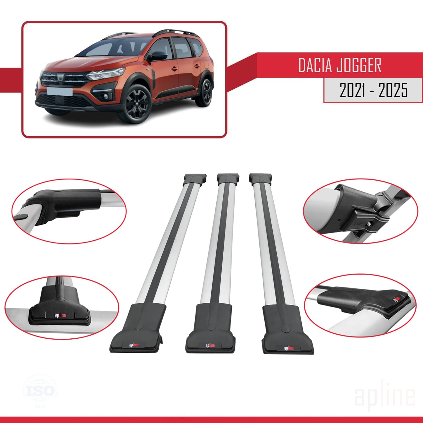 Compatible with Dacia Jogger 2021-2025 FLY Model Car Roof Rack Cross Bar Grey Aluminium 3 Bars