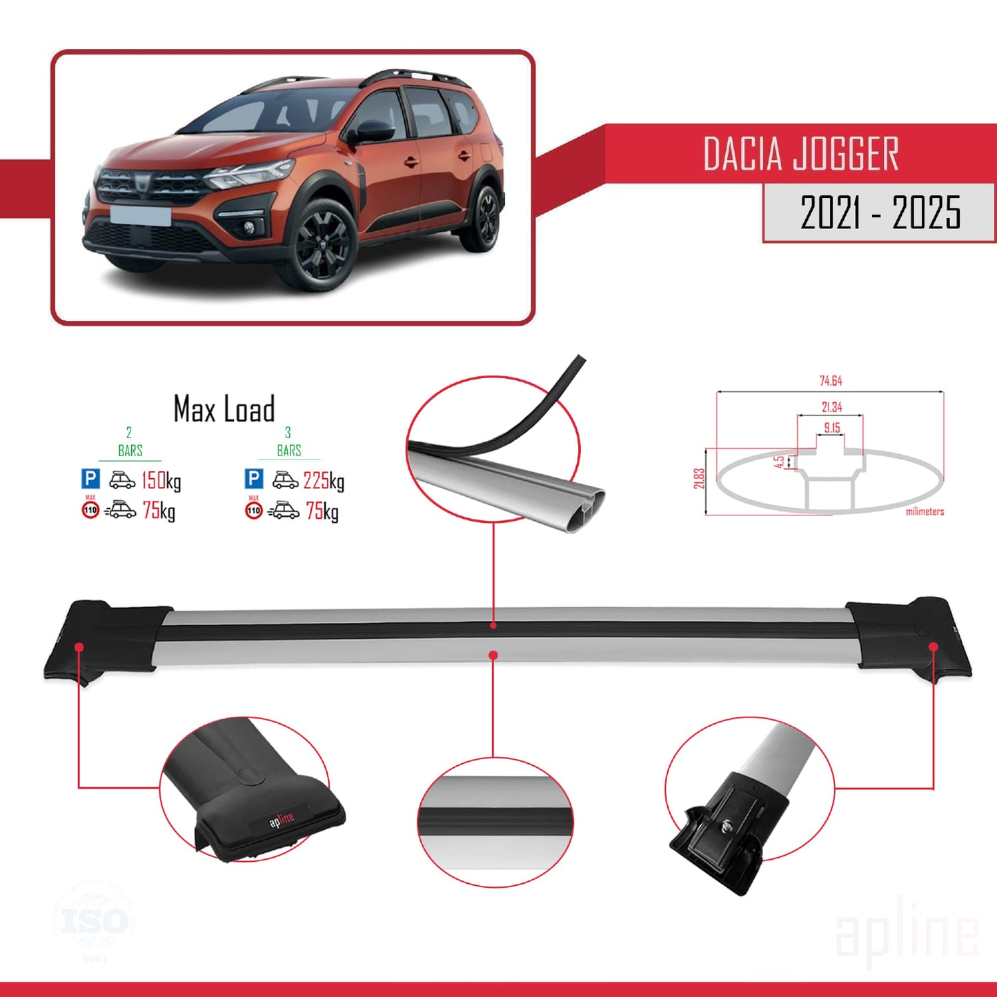 Compatible with Dacia Jogger 2021-2025 FLY Model Car Roof Rack Cross Bar Grey Aluminium 2 Bars