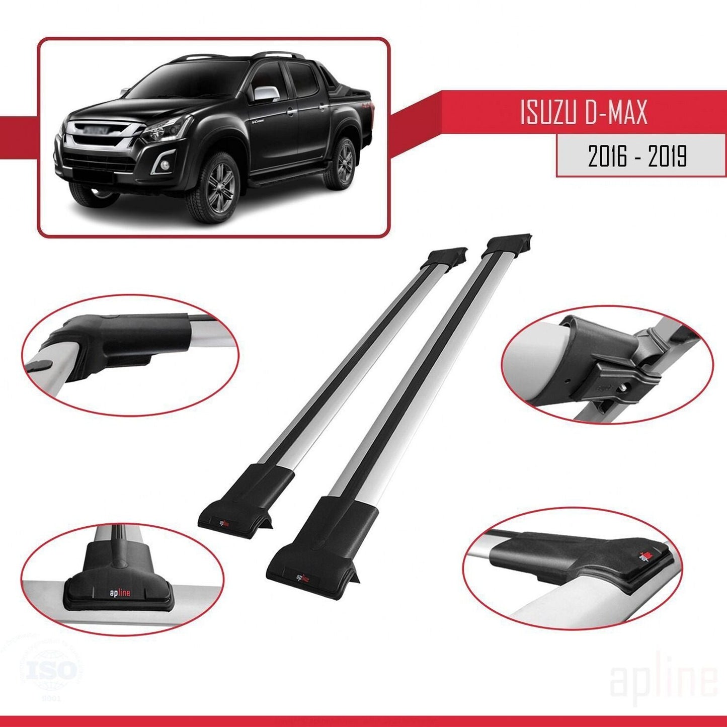 Compatible with Isuzu D-Max 2 (RT85) Post-Facelift 2016-2019 FLY Model Car Roof Rack Cross Bar Grey Aluminium 2 Bars