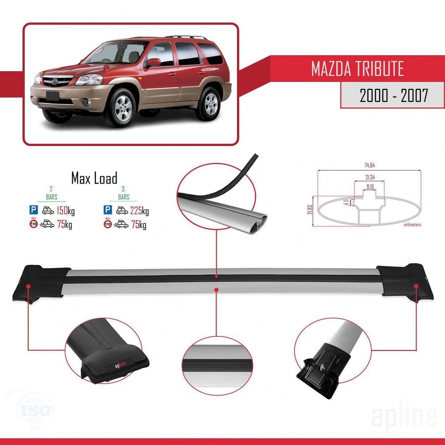 Compatible with Mazda Tribute 2000-2007 FLY Model Car Roof Rack Cross Bar Grey Aluminium 2 Bars