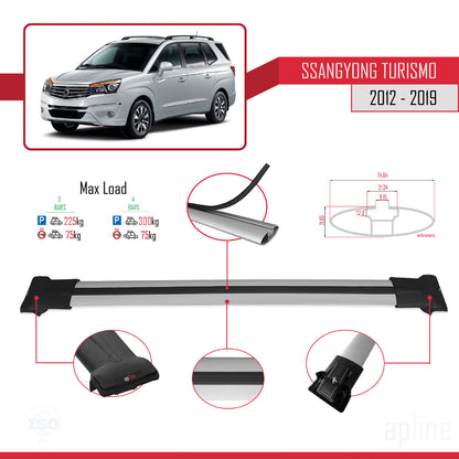 Compatible with Ssangyong Turismo 2012-2019 FLY Model Car Roof Rack Cross Bar Grey Aluminium 3 Bars