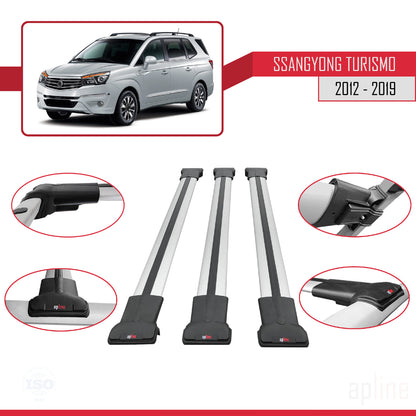 Compatible with Ssangyong Turismo 2012-2019 FLY Model Car Roof Rack Cross Bar Grey Aluminium 3 Bars
