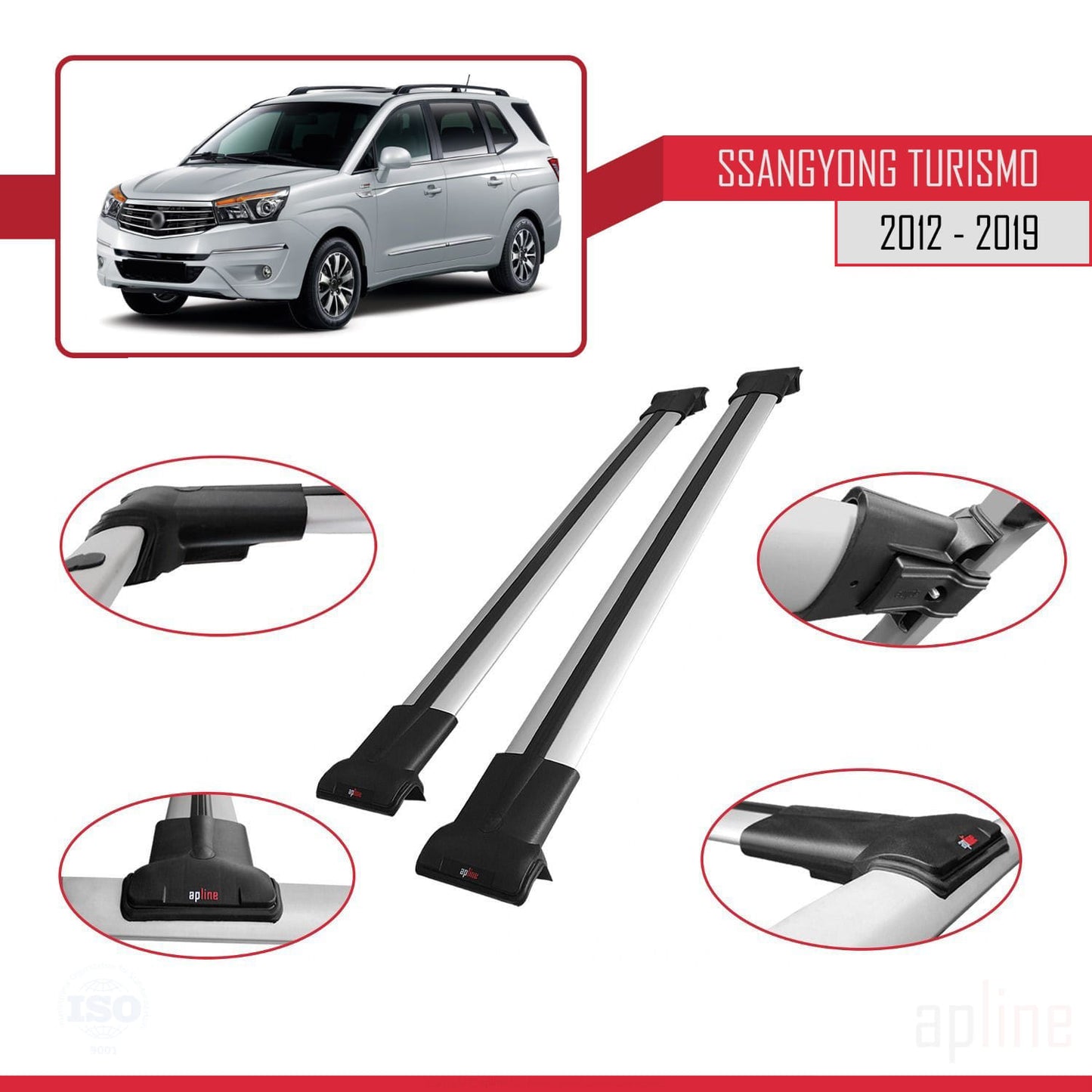 Compatible with Ssangyong Turismo 2012-2019 FLY Model Car Roof Rack Cross Bar Grey Aluminium 2 Bars