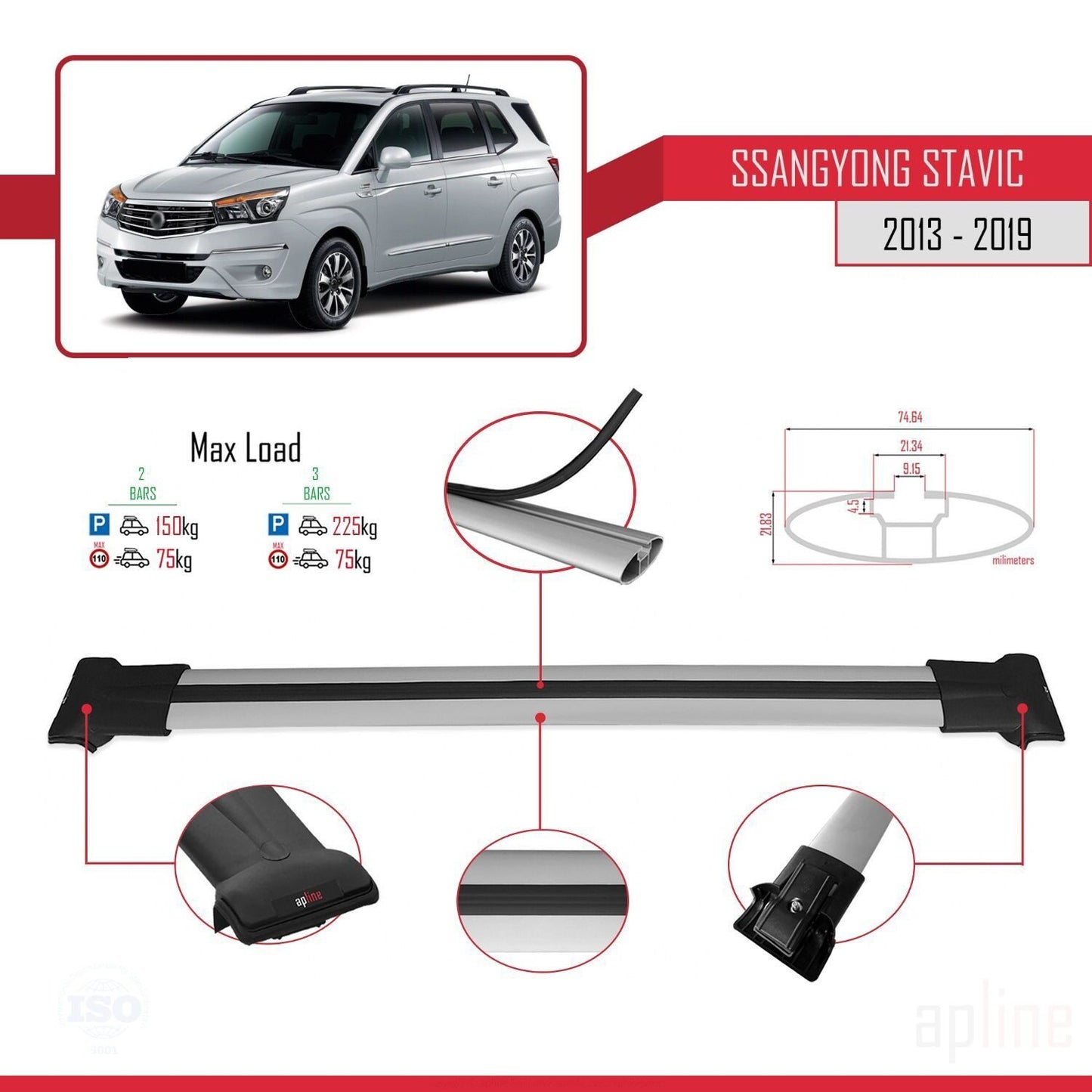Compatible with Ssangyong Stavic 2 2013-2019 FLY Model Car Roof Rack Cross Bar Grey Aluminium 2 Bars