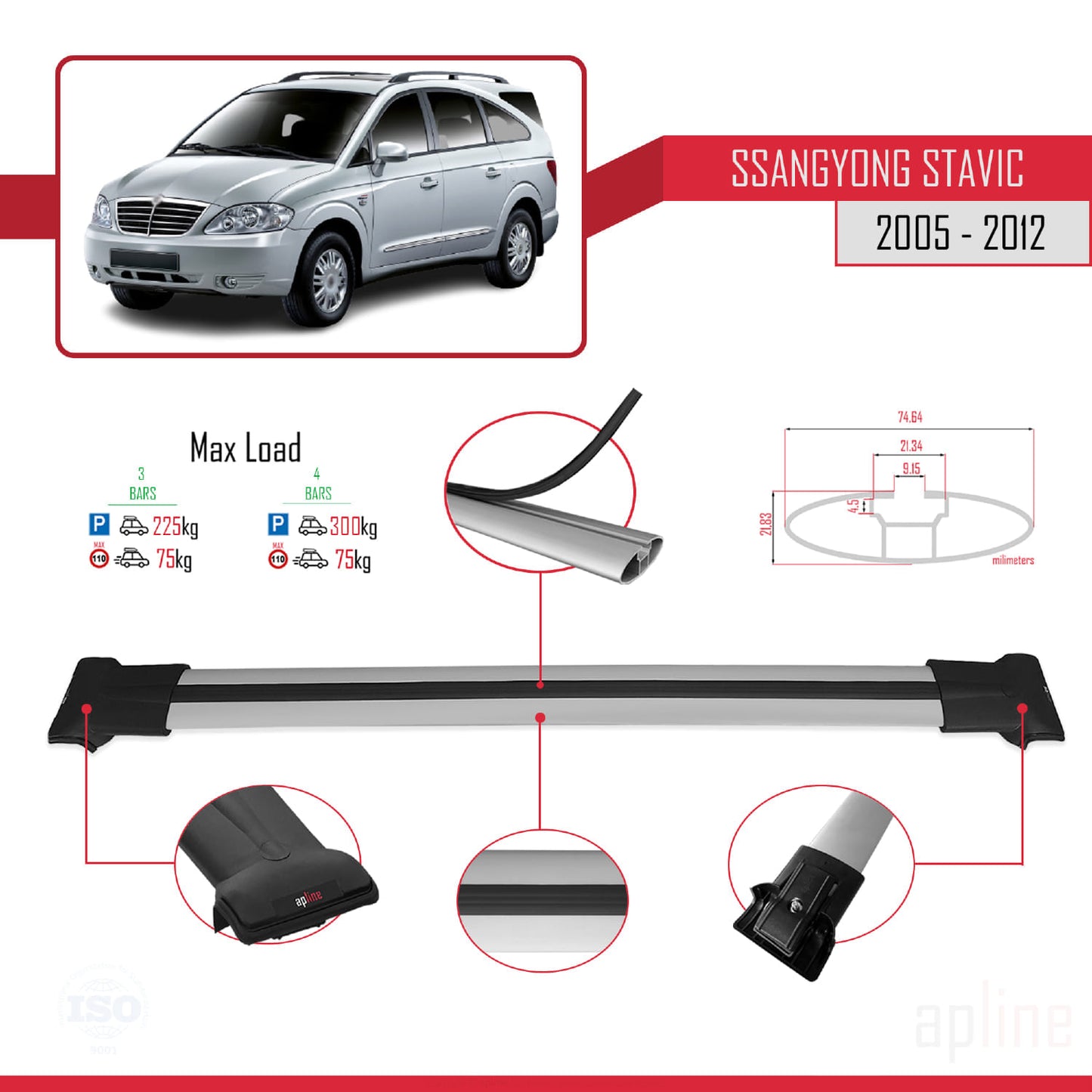 Compatible with Ssangyong Stavic 2005-2012 FLY Model Car Roof Rack Cross Bar Grey Aluminium 3 Bars