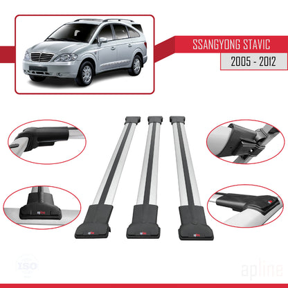 Compatible with Ssangyong Stavic 2005-2012 FLY Model Car Roof Rack Cross Bar Grey Aluminium 3 Bars