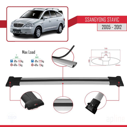 Compatible with Ssangyong Stavic 2005-2012 FLY Model Car Roof Rack Cross Bar Grey Aluminium 2 Bars