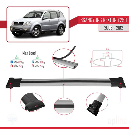 Compatible with Ssangyong Rexton (Y250) 2006-2012 FLY Model Car Roof Rack Cross Bar Grey Aluminium 3 Bars