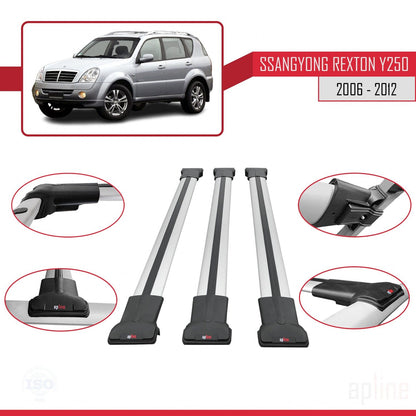 Compatible with Ssangyong Rexton (Y250) 2006-2012 FLY Model Car Roof Rack Cross Bar Grey Aluminium 3 Bars