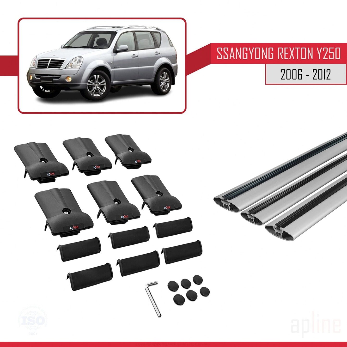 Compatible with Ssangyong Rexton (Y250) 2006-2012 FLY Model Car Roof Rack Cross Bar Grey Aluminium 3 Bars