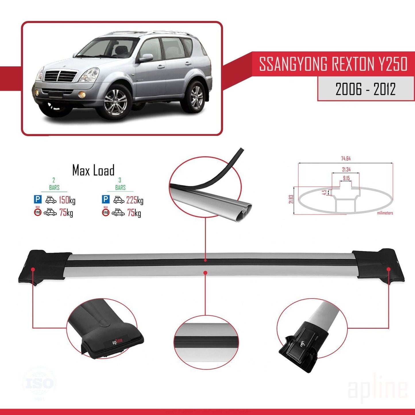 Compatible with Ssangyong Rexton (Y250) 2006-2012 FLY Model Car Roof Rack Cross Bar Grey Aluminium 2 Bars