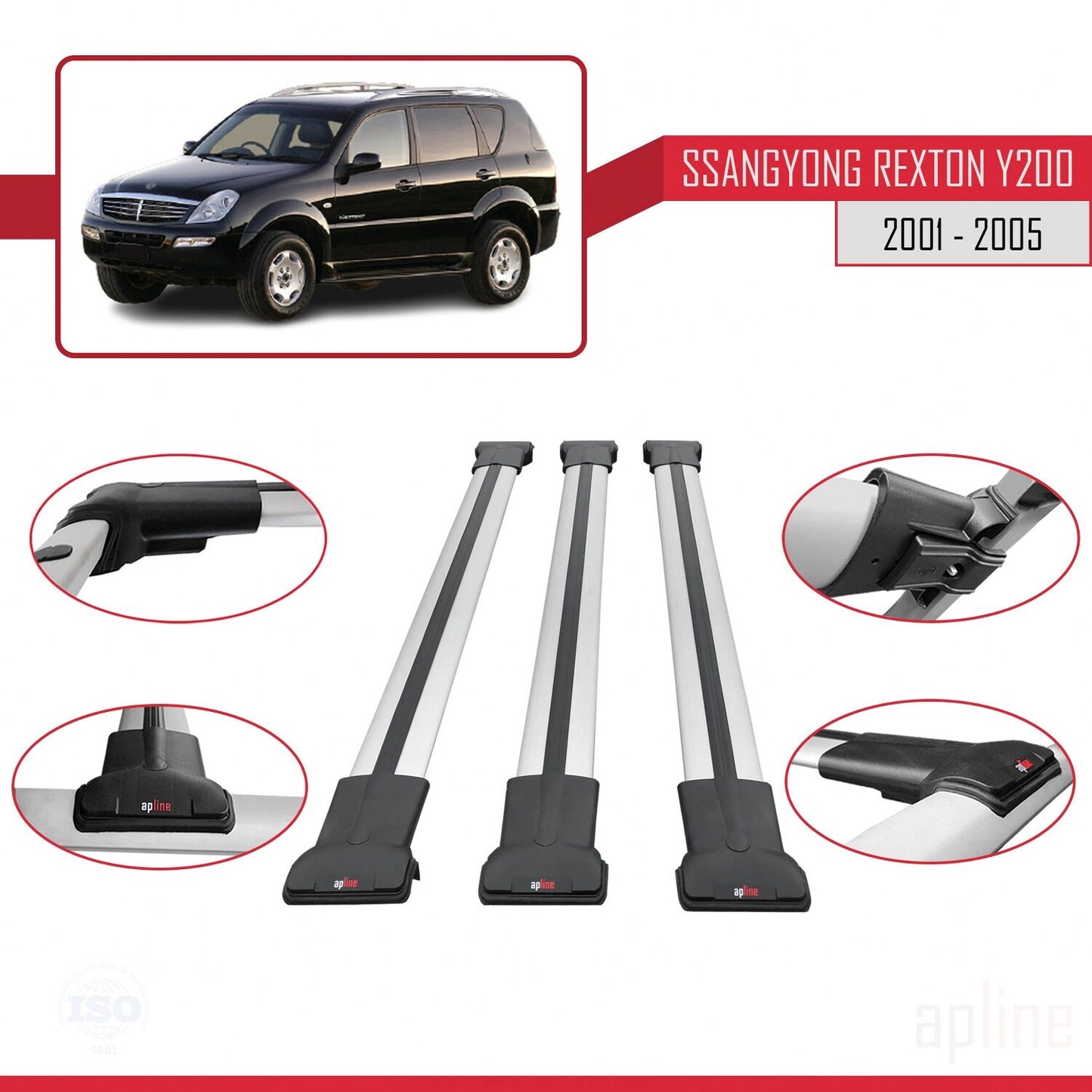 Compatible with Ssangyong Rexton (Y200) 2001-2005 FLY Model Car Roof Rack Cross Bar Grey Aluminium 3 Bars