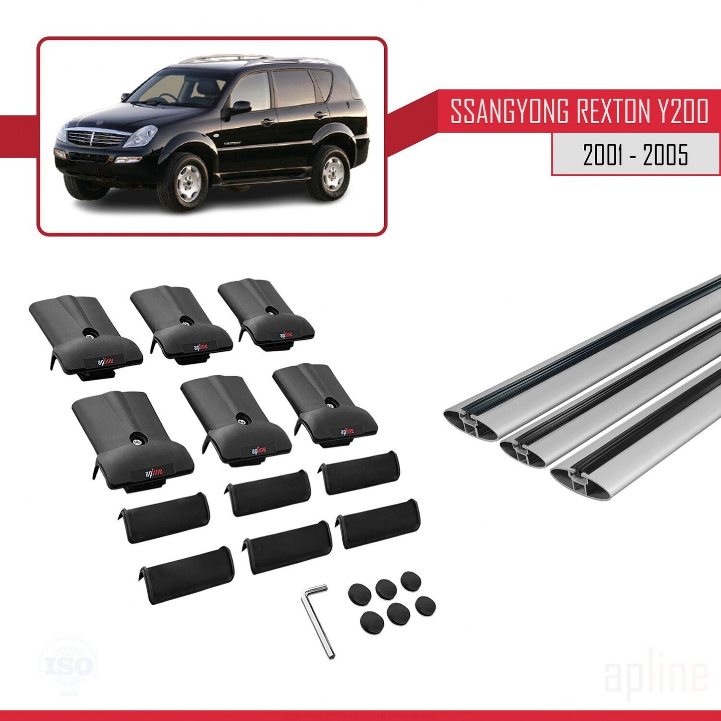 Compatible with Ssangyong Rexton (Y200) 2001-2005 FLY Model Car Roof Rack Cross Bar Grey Aluminium 3 Bars