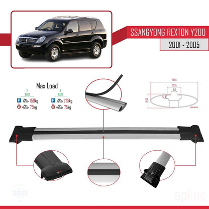 Compatible with Ssangyong Rexton (Y200) 2001-2005 FLY Model Car Roof Rack Cross Bar Grey Aluminium 2 Bars