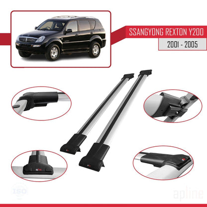 Compatible with Ssangyong Rexton (Y200) 2001-2005 FLY Model Car Roof Rack Cross Bar Grey Aluminium 2 Bars