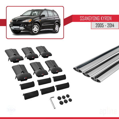 Compatible with Ssangyong Kyron 2005-2014 FLY Model Car Roof Rack Cross Bar Grey Aluminium 3 Bars