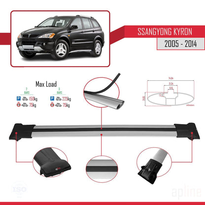 Compatible with Ssangyong Kyron 2005-2014 FLY Model Car Roof Rack Cross Bar Grey Aluminium 2 Bars