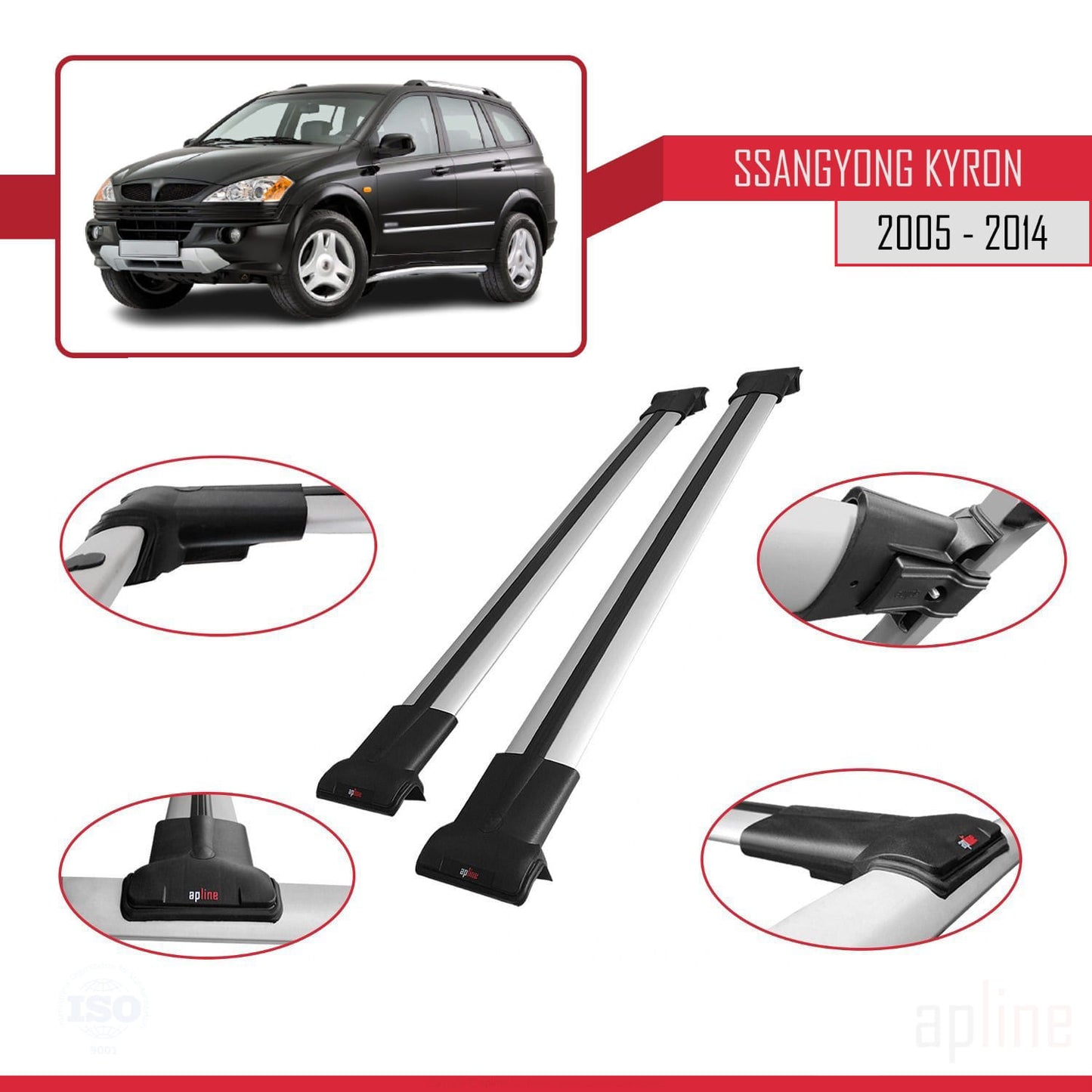 Compatible with Ssangyong Kyron 2005-2014 FLY Model Car Roof Rack Cross Bar Grey Aluminium 2 Bars