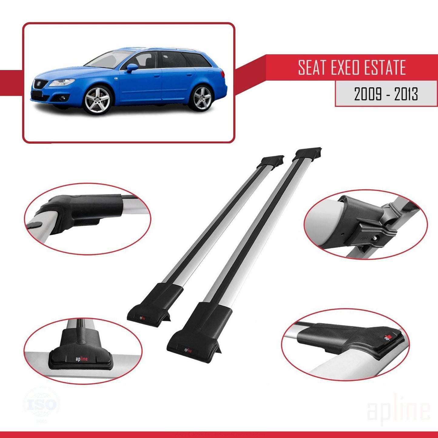 Compatible with Seat Exeo (3R9) ST 2009-2013 FLY Model Car Roof Rack Cross Bar Grey Aluminium 2 Bars