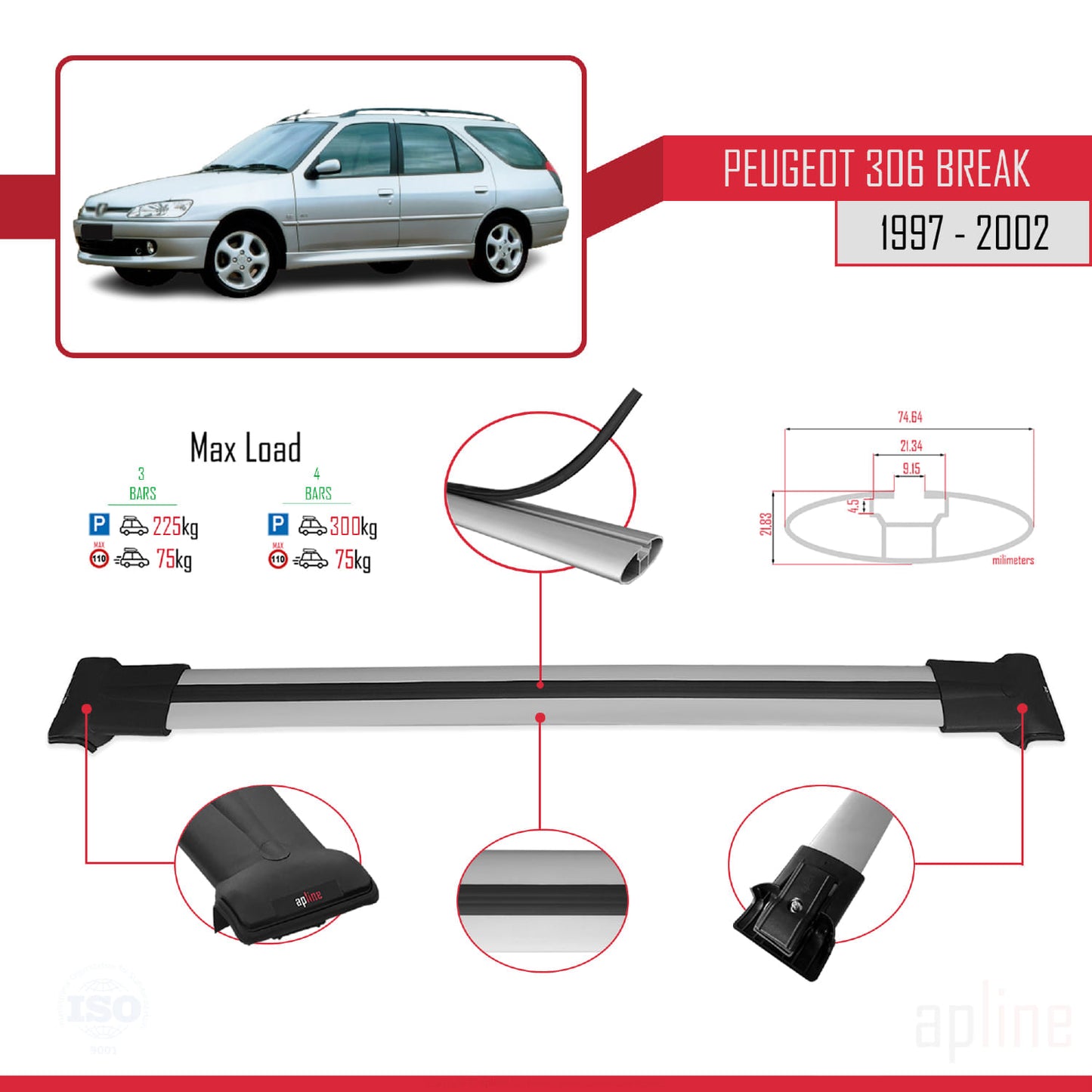 Compatible with Peugeot 306 SW 1997-2002 FLY Model Car Roof Rack Cross Bar Grey Aluminium 3 Bars