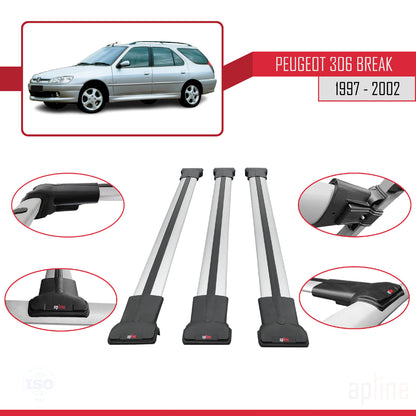 Compatible with Peugeot 306 SW 1997-2002 FLY Model Car Roof Rack Cross Bar Grey Aluminium 3 Bars