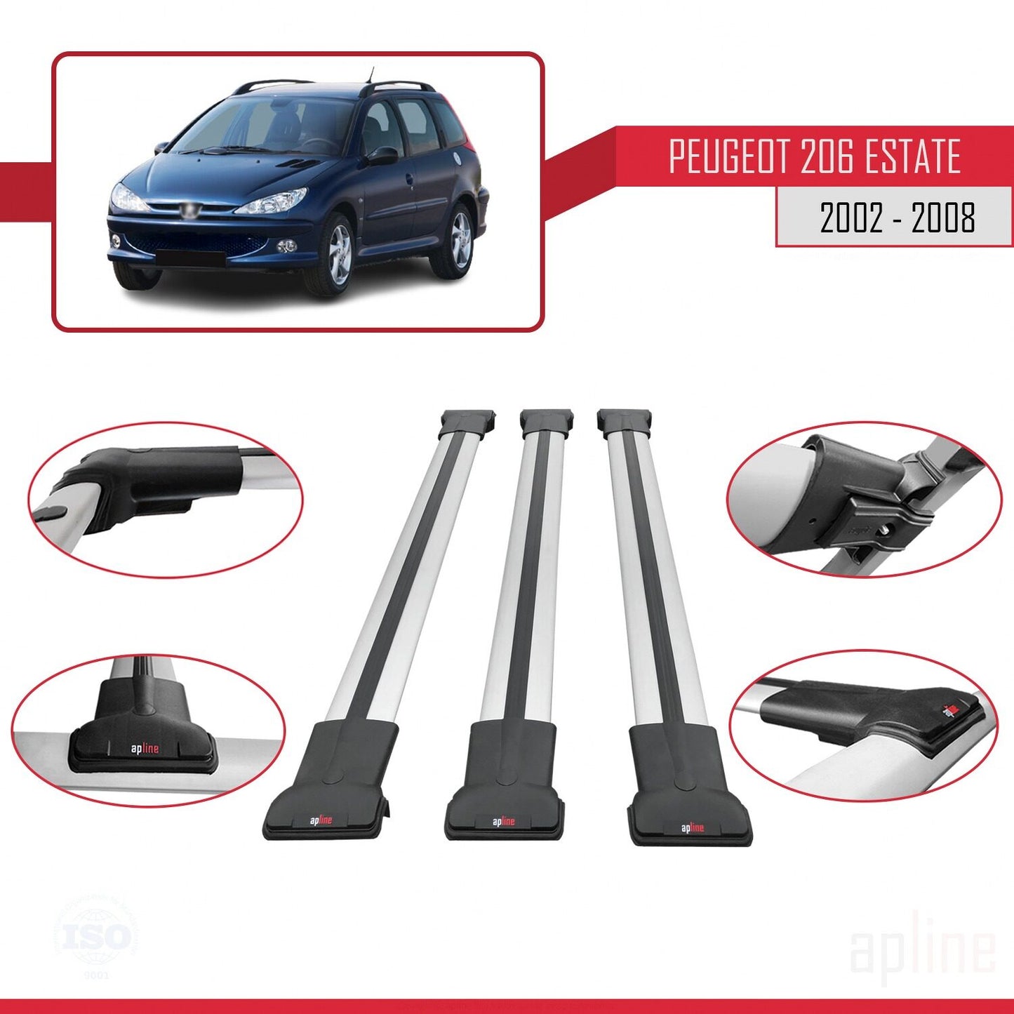 Compatible with Peugeot 206 SW 2002-2008 FLY Model Car Roof Rack Cross Bar Grey Aluminium 3 Bars