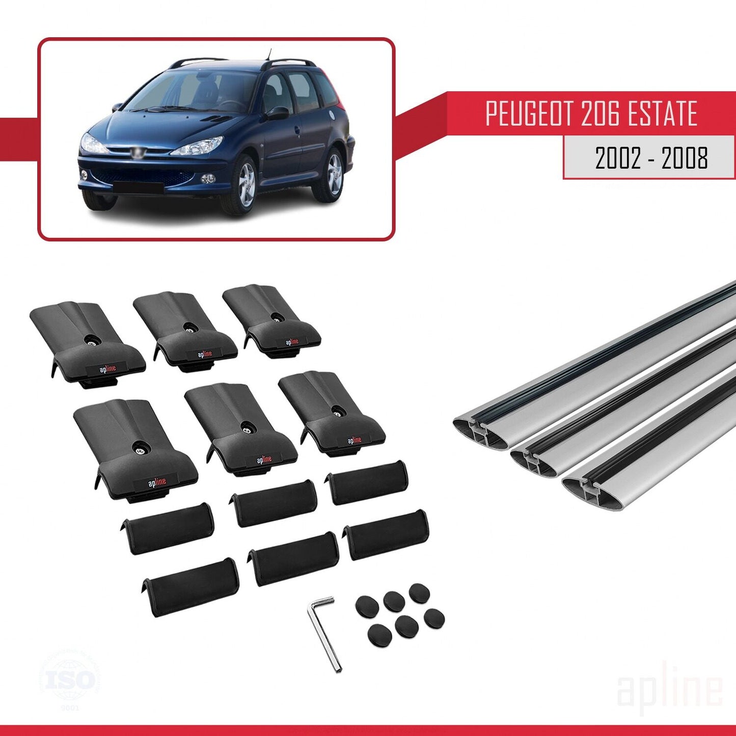 Compatible with Peugeot 206 SW 2002-2008 FLY Model Car Roof Rack Cross Bar Grey Aluminium 3 Bars