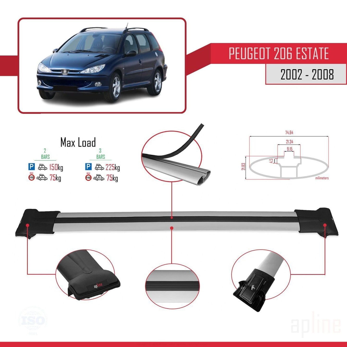 Compatible with Peugeot 206 SW 2002-2008 FLY Model Car Roof Rack Cross Bar Grey Aluminium 2 Bars