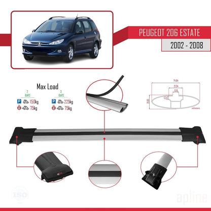 Compatible with Peugeot 206 SW 2002-2008 FLY Model Car Roof Rack Cross Bar Grey Aluminium 2 Bars
