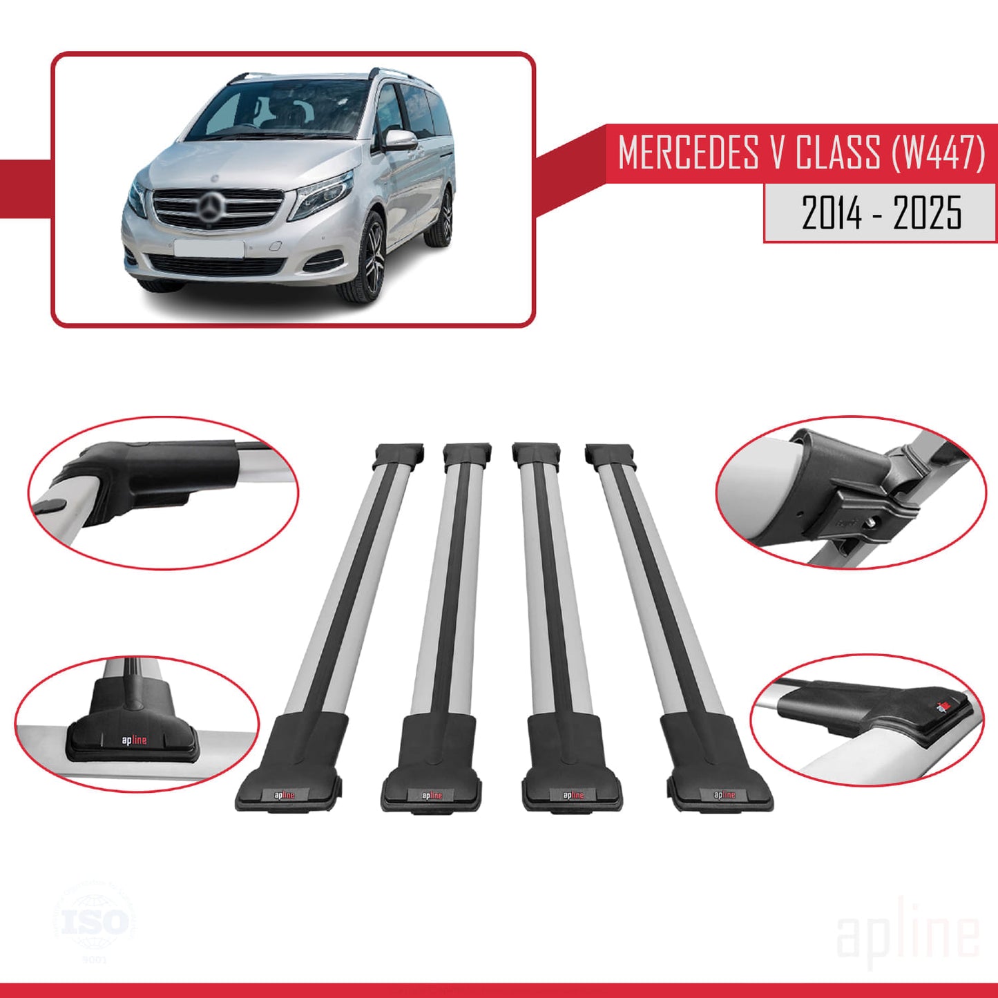 Compatible with Mercedes V Class 3 (W447) 2014-2025 FLY Model Car Roof Rack Cross Bar Grey Aluminium 4 Bars
