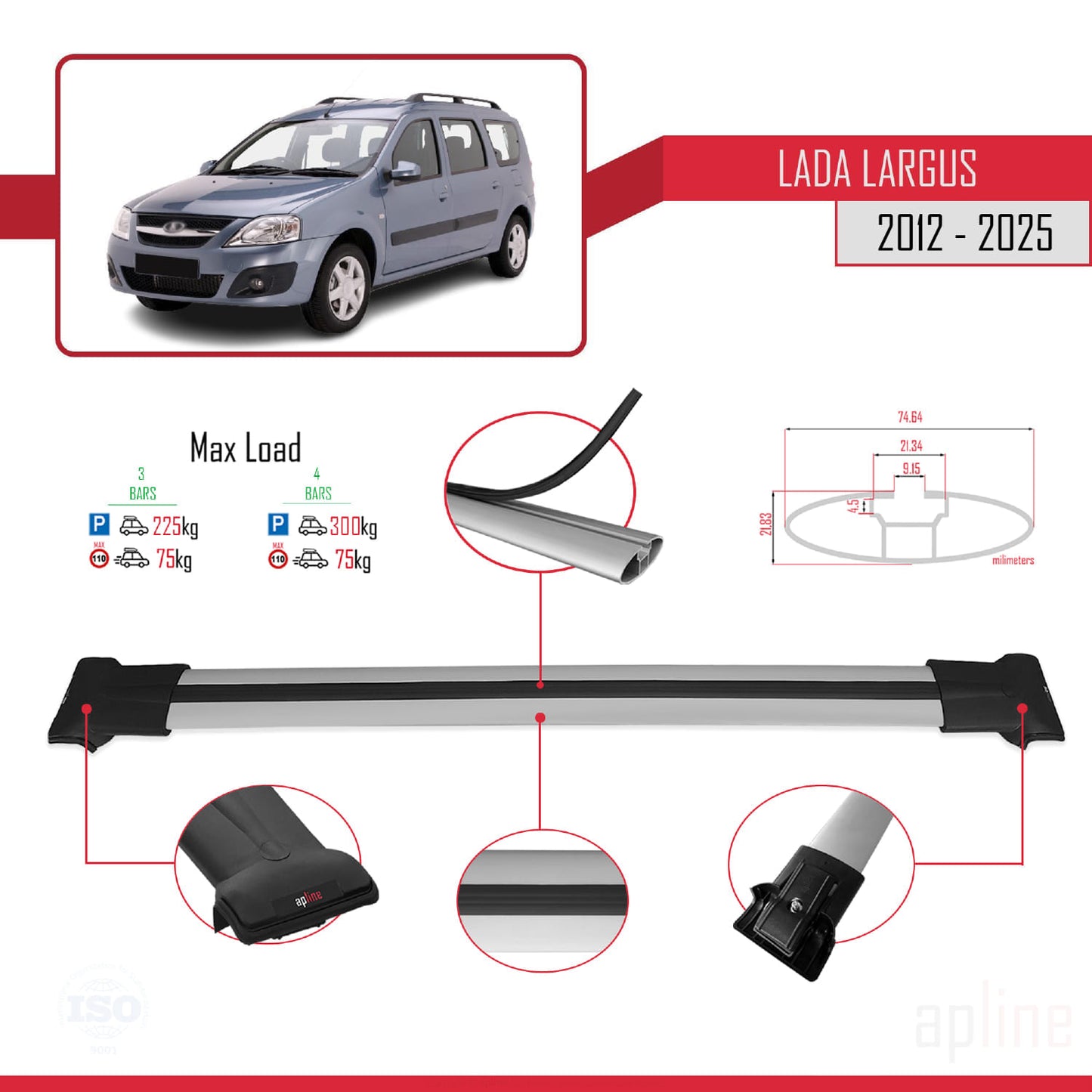 Compatible with Lada Largus 2012-2025 FLY Model Car Roof Rack Cross Bar Grey Aluminium 3 Bars