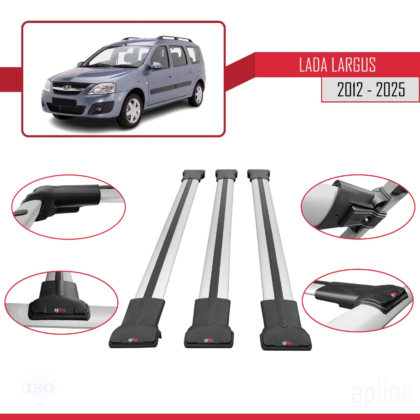 Compatible with Lada Largus 2012-2025 FLY Model Car Roof Rack Cross Bar Grey Aluminium 3 Bars