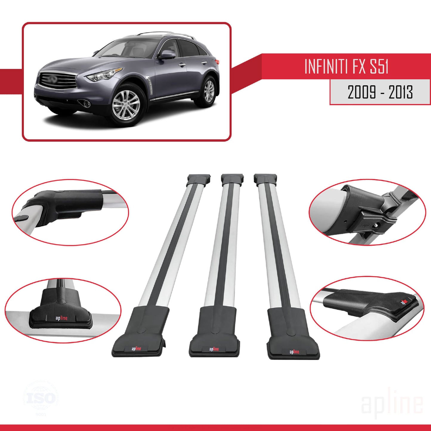 Compatible with Infiniti FX 2 (S51) 2009-2013 FLY Model Car Roof Rack Cross Bar Grey Aluminium 3 Bars