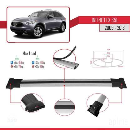 Compatible with Infiniti FX 2 (S51) 2009-2013 FLY Model Car Roof Rack Cross Bar Grey Aluminium 2 Bars