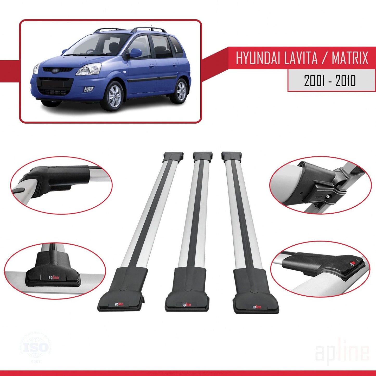 Compatible with Hyundai Matrix (FC) 2001-2010 FLY Model Car Roof Rack Cross Bar Grey Aluminium 3 Bars