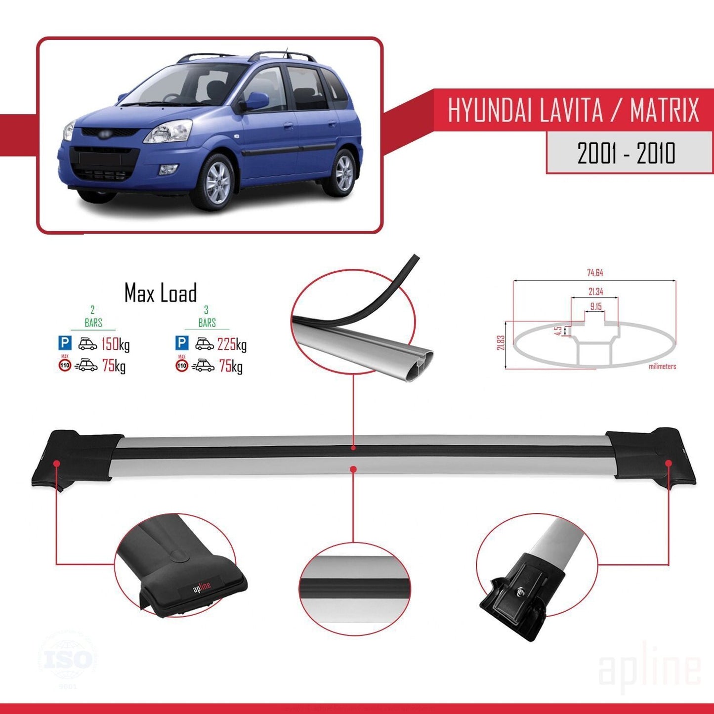 Compatible with Hyundai Matrix (FC) 2001-2010 FLY Model Car Roof Rack Cross Bar Grey Aluminium 2 Bars