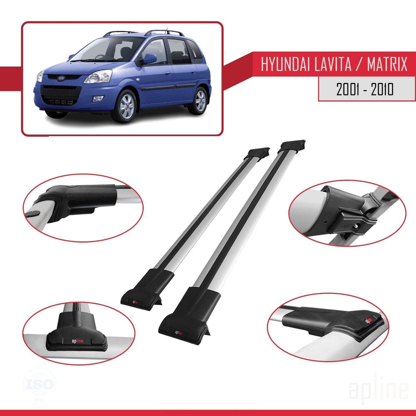 Compatible with Hyundai Matrix (FC) 2001-2010 FLY Model Car Roof Rack Cross Bar Grey Aluminium 2 Bars