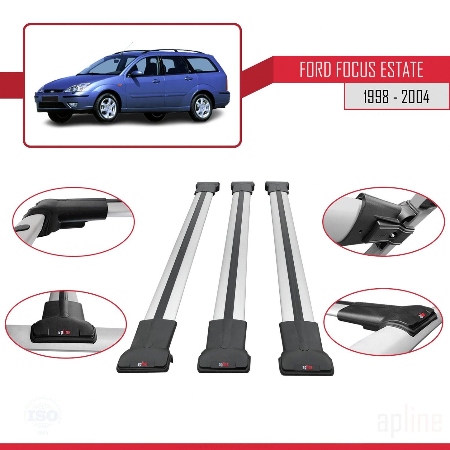 Compatible with Ford Focus (C170) SW 1998-2004 FLY Model Car Roof Rack Cross Bar Grey Aluminium 3 Bars