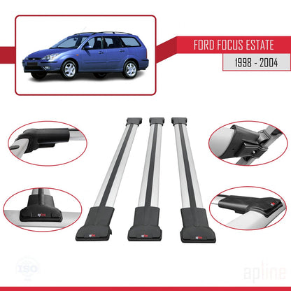 Compatible with Ford Focus (C170) SW 1998-2004 FLY Model Car Roof Rack Cross Bar Grey Aluminium 3 Bars
