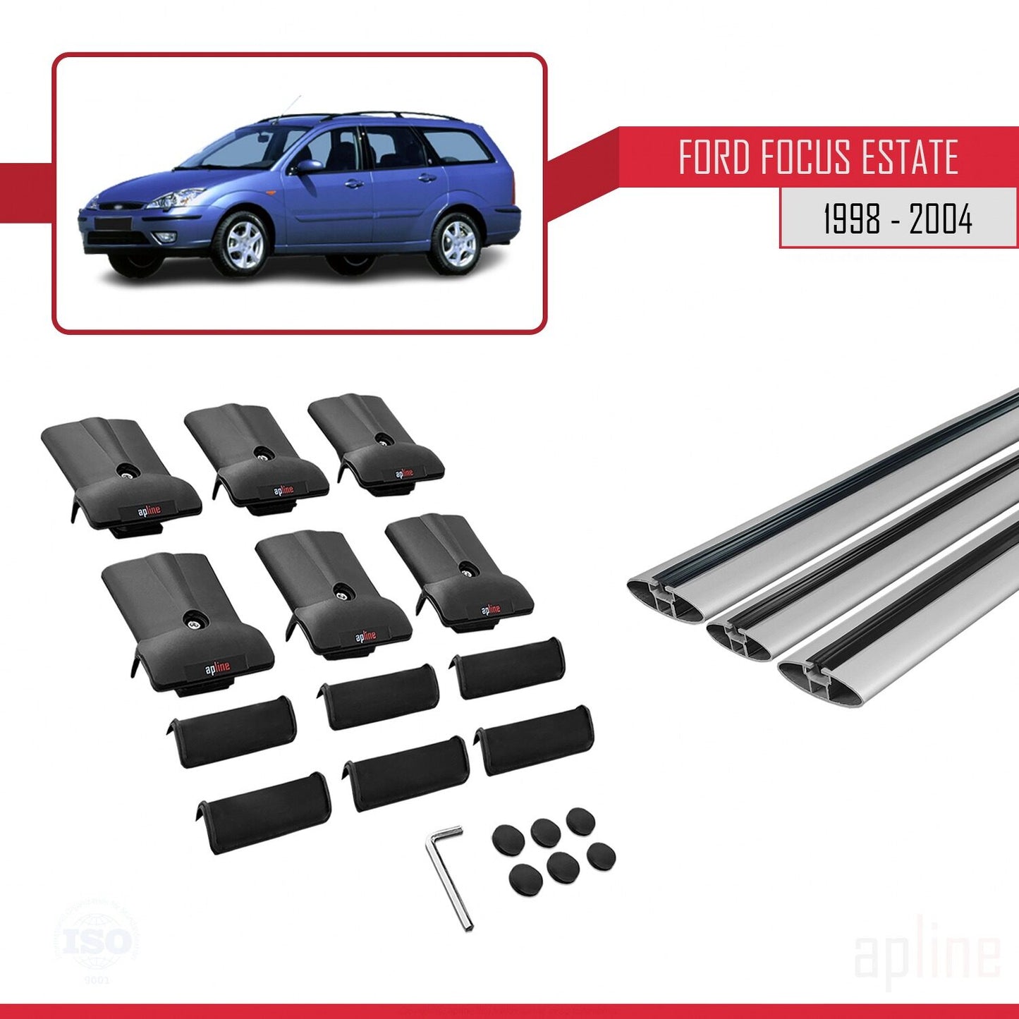 Compatible with Ford Focus (C170) SW 1998-2004 FLY Model Car Roof Rack Cross Bar Grey Aluminium 3 Bars